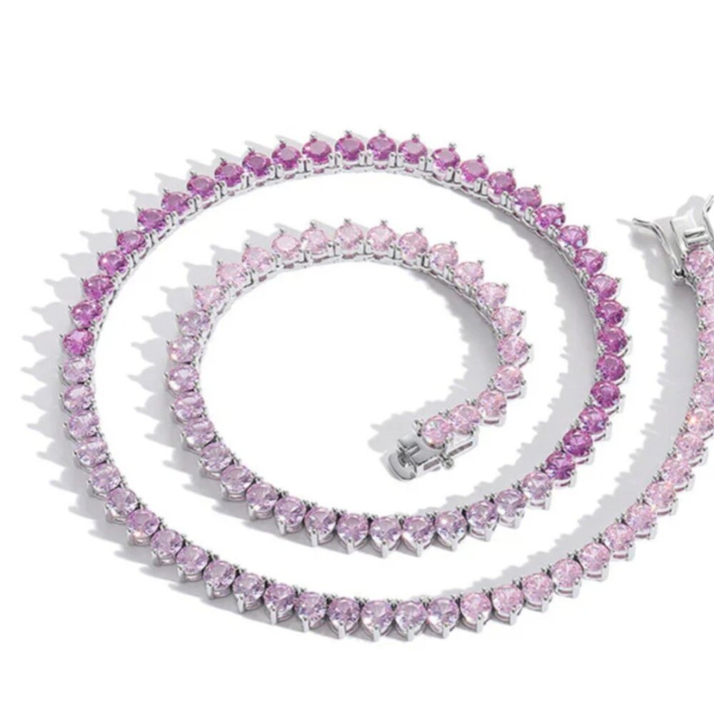 3mm Pink Simulated Sapphire Diamondette Ombré Tennis Necklace - Picture 4 of 10